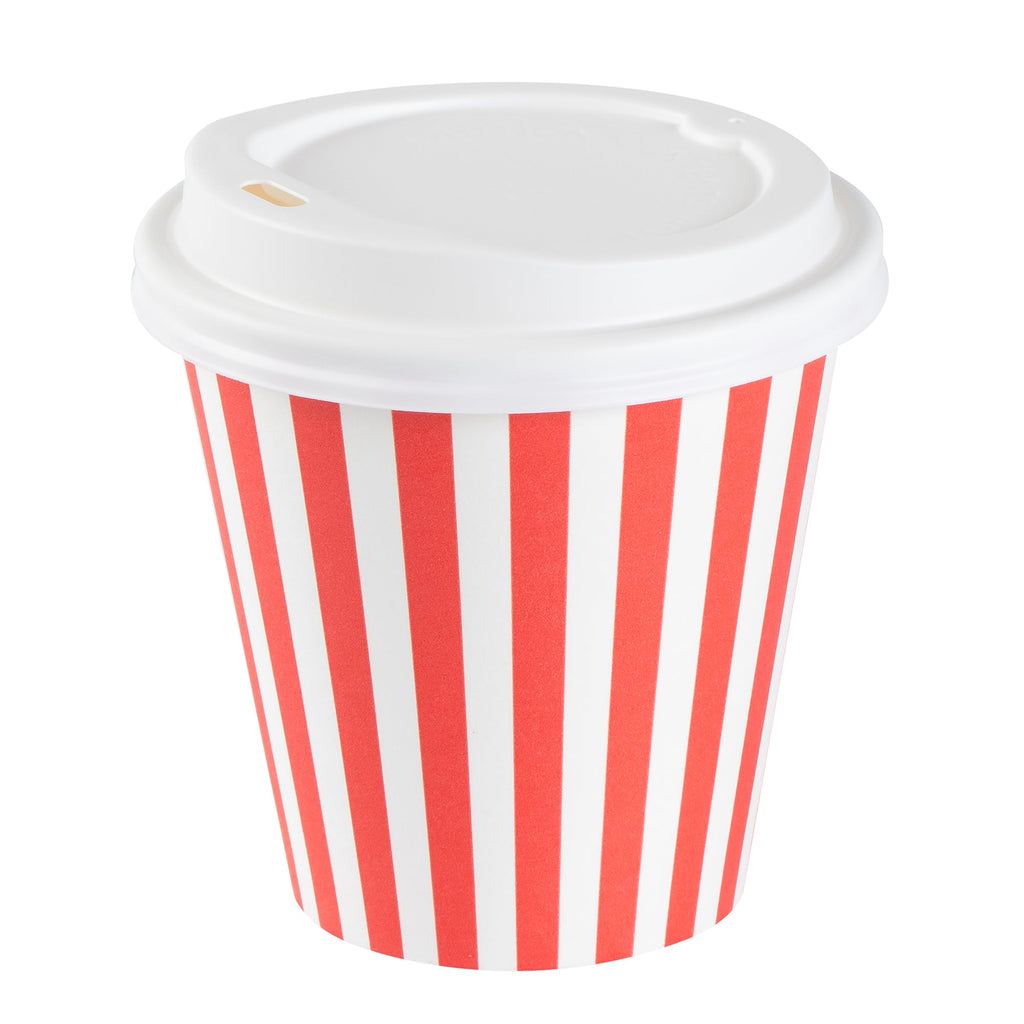 Restpresso 8 oz Red and White Stripe Paper Single Wall Coffee Cup - with White Lid - 3 1/2"x 3 1/2"x 4" - 20 count box