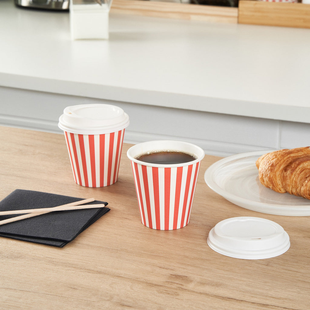 Restpresso 8 oz Red and White Stripe Paper Single Wall Coffee Cup - with White Lid - 3 1/2"x 3 1/2"x 4" - 400 count box