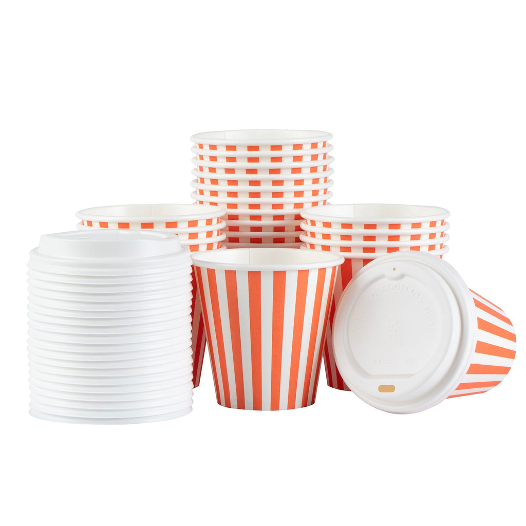 Restpresso 8 oz Orange and White Stripe Paper Single Wall Coffee Cup - with White Lid - 3 1/2"x 3 1/2"x 4" - 20 count box