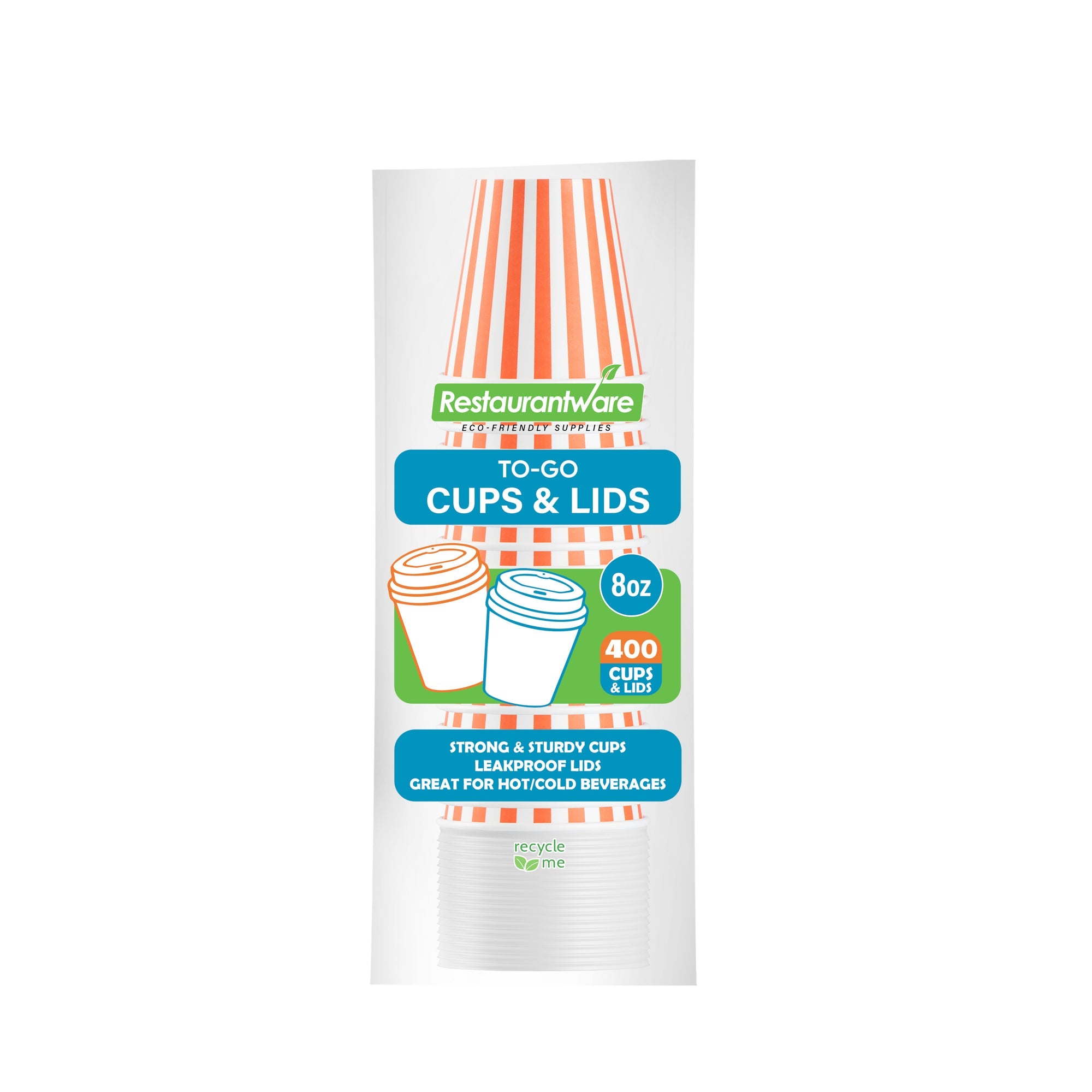 Restpresso 8 oz Orange and White Stripe Paper Single Wall Coffee Cup - with White Lid - 3 1/2"x 3 1/2"x 4" - 20 count box