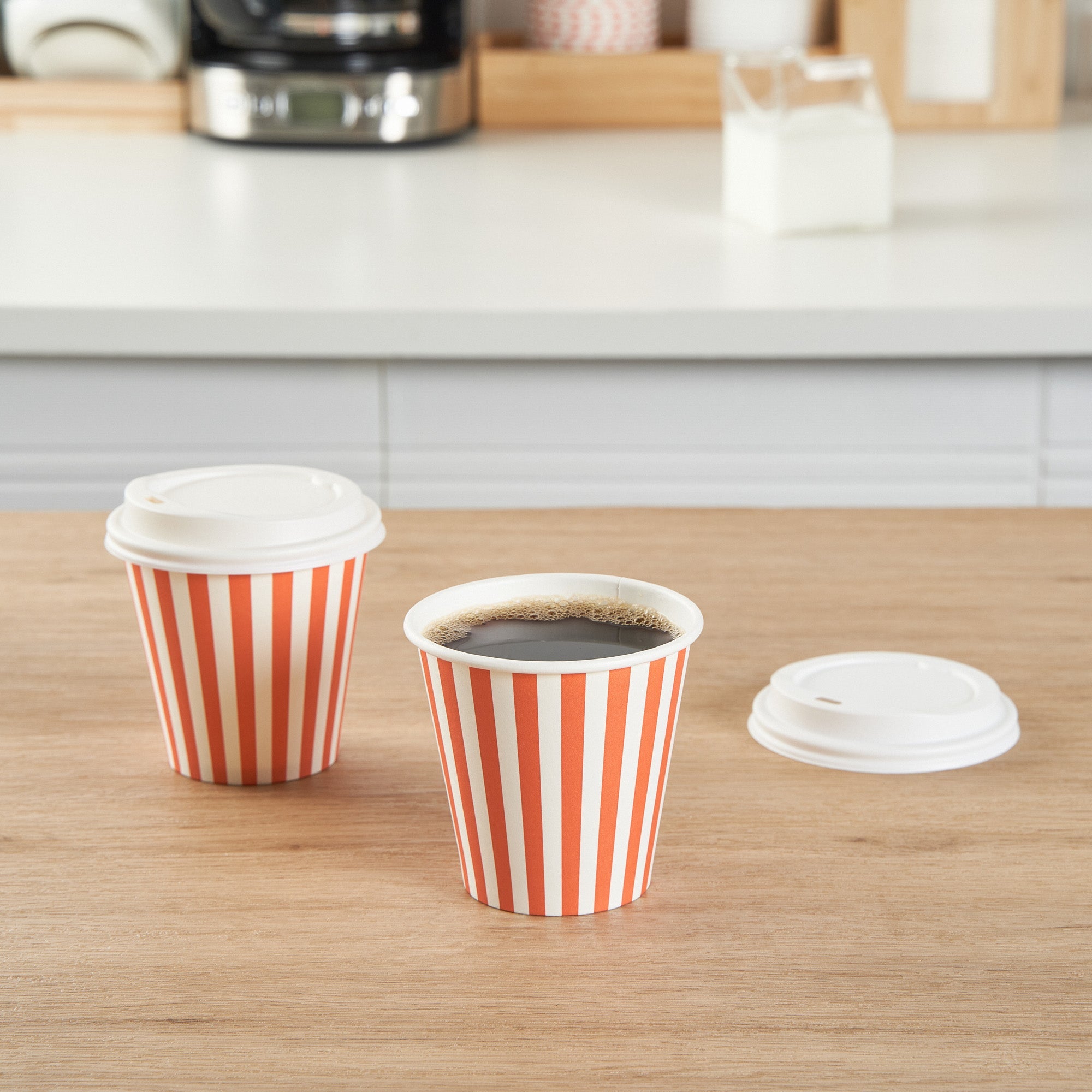 Restpresso 8 oz Orange and White Stripe Paper Single Wall Coffee Cup - with White Lid - 3 1/2"x 3 1/2"x 4" - 20 count box