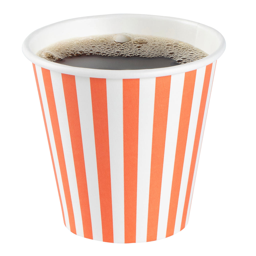 Restpresso 8 oz Orange and White Stripe Paper Single Wall Coffee Cup - with White Lid - 3 1/2"x 3 1/2"x 4" - 20 count box