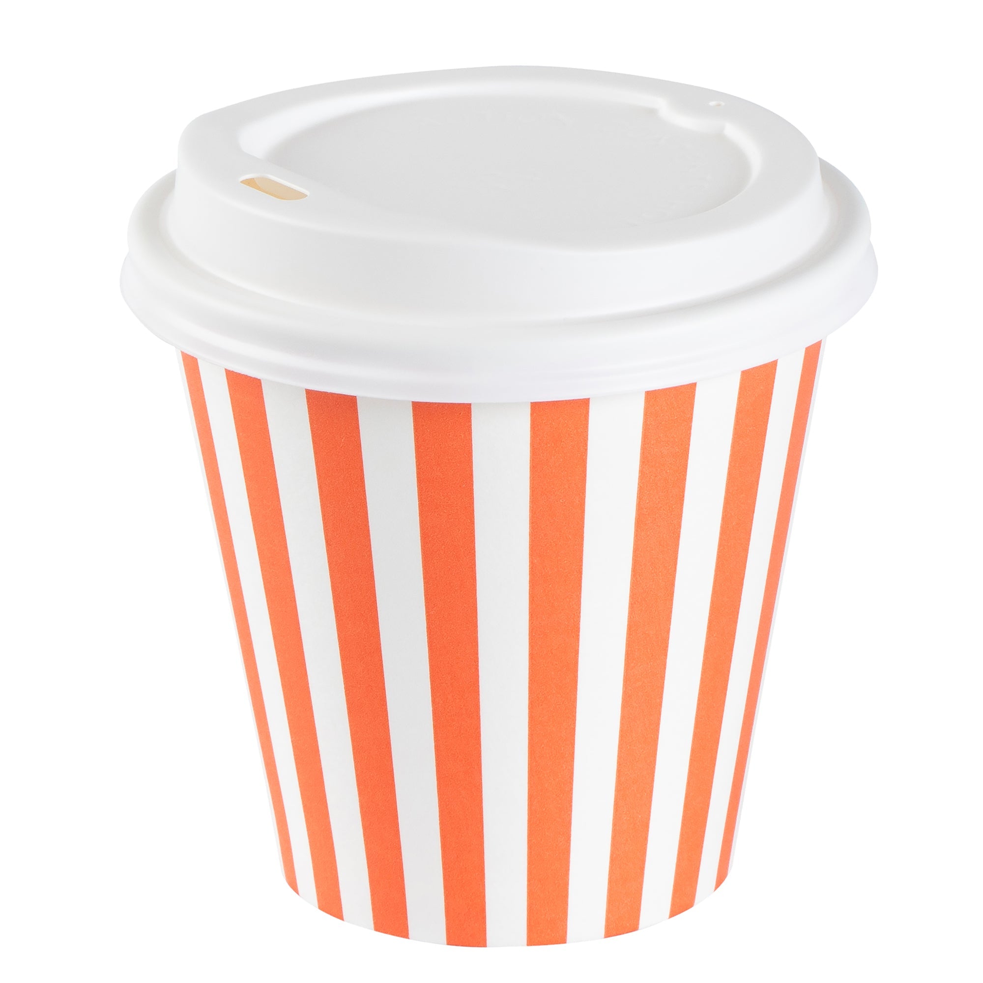 Restpresso 8 oz Orange and White Stripe Paper Single Wall Coffee Cup - with White Lid - 3 1/2"x 3 1/2"x 4" - 400 count box