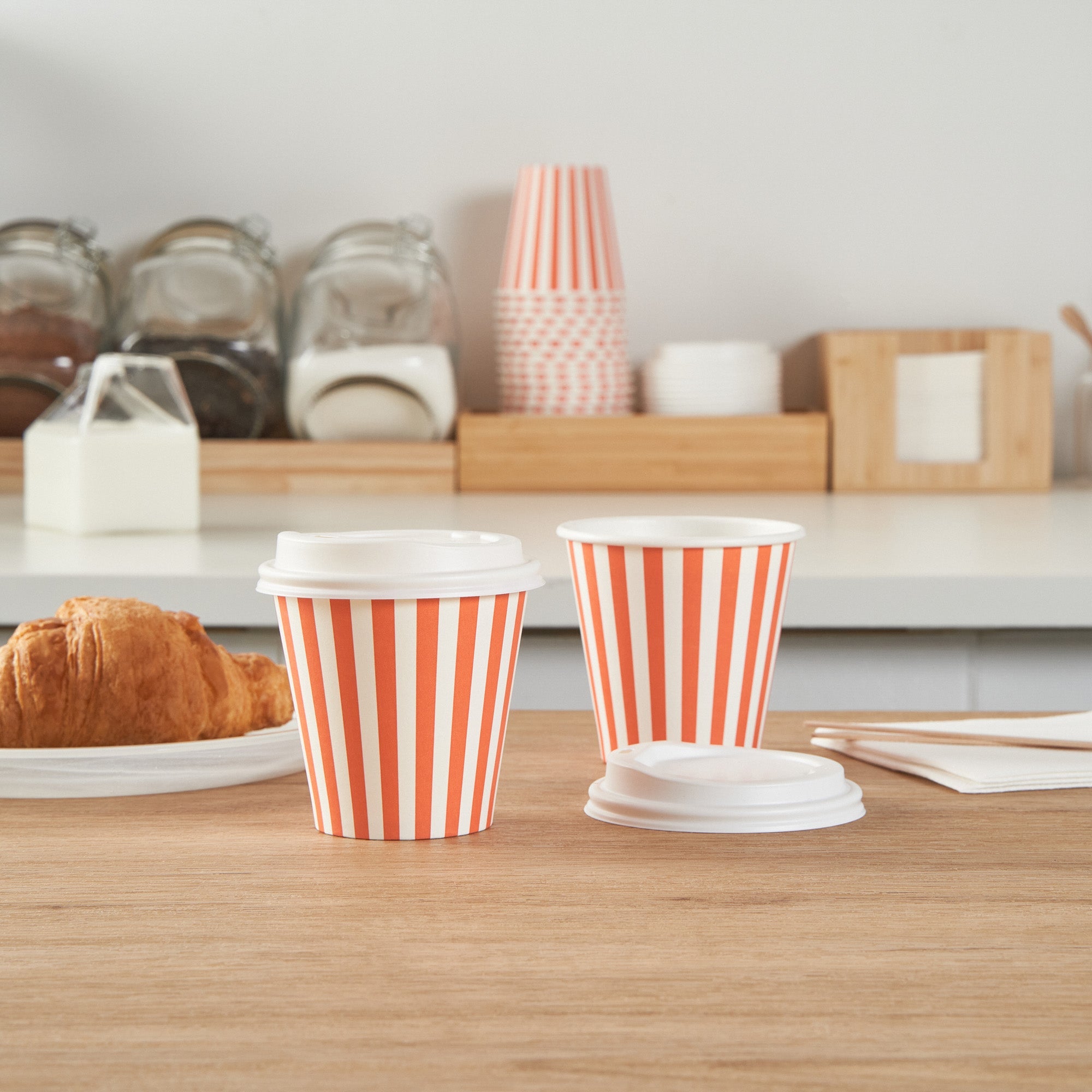Restpresso 8 oz Orange and White Stripe Paper Single Wall Coffee Cup - with White Lid - 3 1/2"x 3 1/2"x 4" - 400 count box