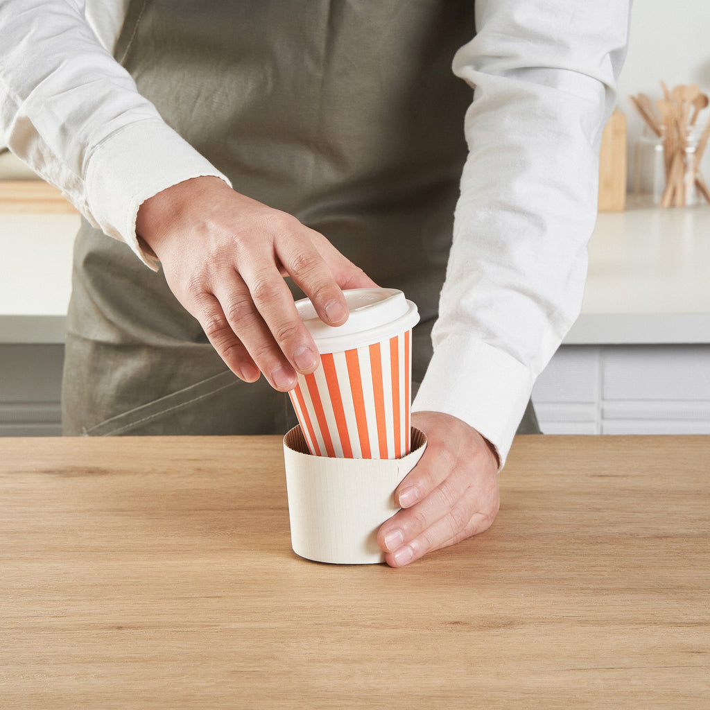 Restpresso 8 oz Orange and White Stripe Paper Single Wall Coffee Cup - with White Lid - 3 1/2"x 3 1/2"x 4" - 400 count box