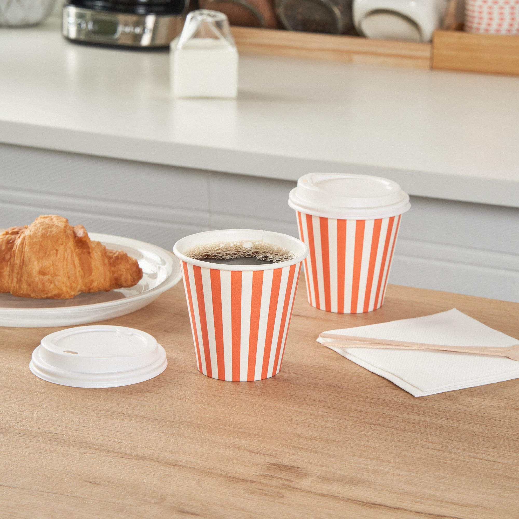 Restpresso 8 oz Orange and White Stripe Paper Single Wall Coffee Cup - with White Lid - 3 1/2"x 3 1/2"x 4" - 400 count box