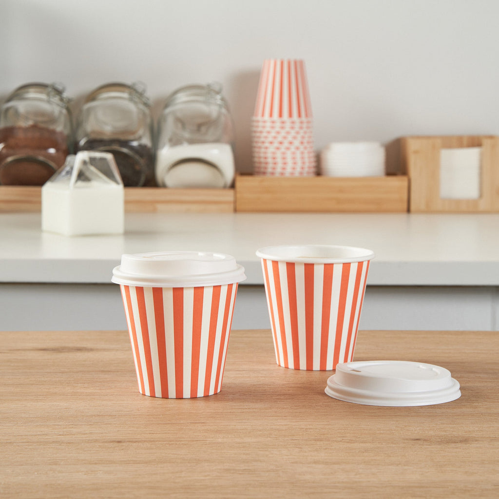 Restpresso 8 oz Orange and White Stripe Paper Single Wall Coffee Cup - with White Lid - 3 1/2"x 3 1/2"x 4" - 400 count box