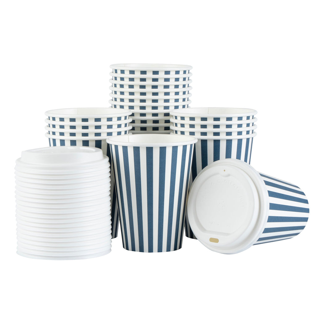 Restpresso 12 oz Blue and White Stripe Paper Single Wall Coffee Cup - with White Lid - 3 1/2"x 3 1/2"x 4 3/4" - 400 count box