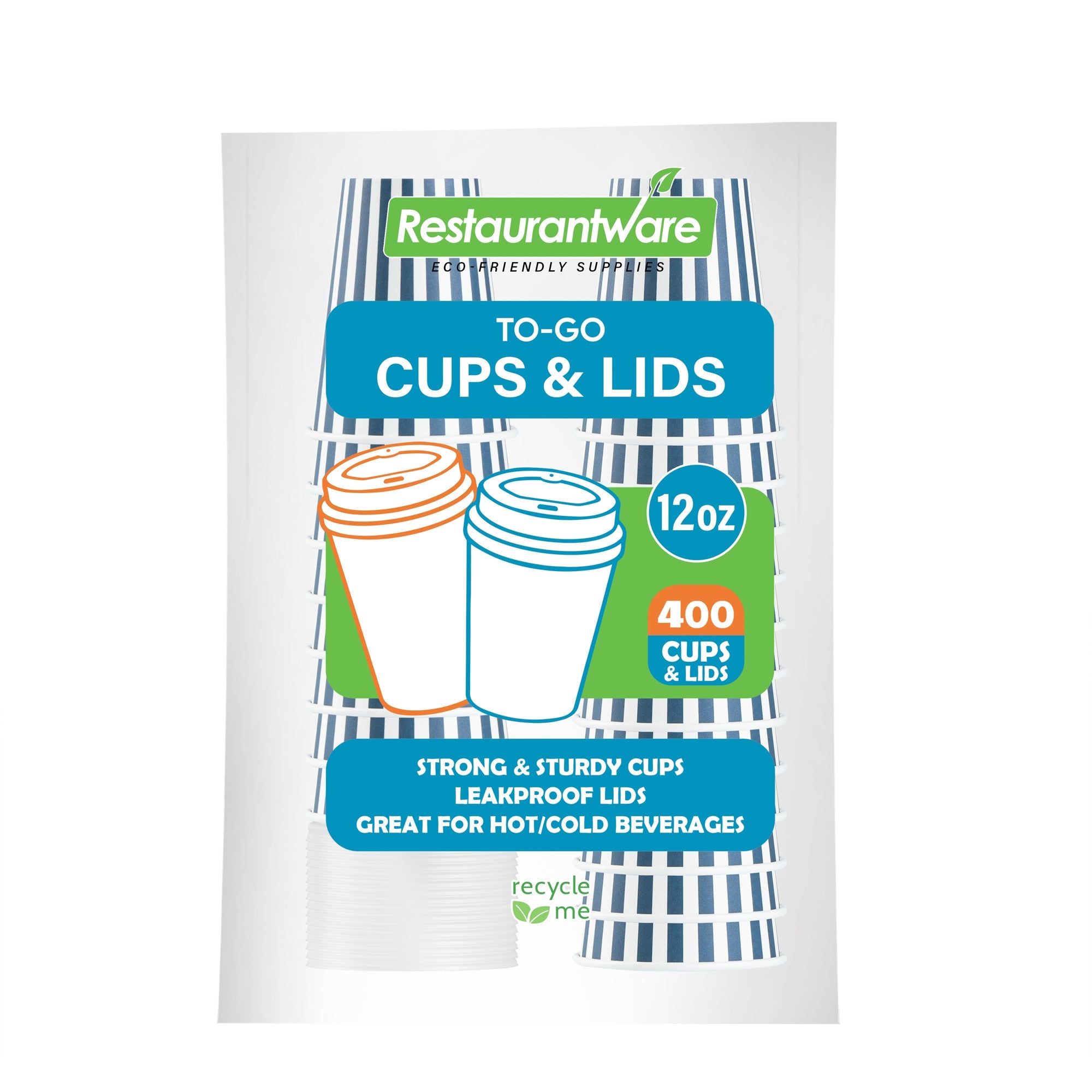 Restpresso 12 oz Blue and White Stripe Paper Single Wall Coffee Cup - with White Lid - 3 1/2"x 3 1/2"x 4 3/4" - 20 count box