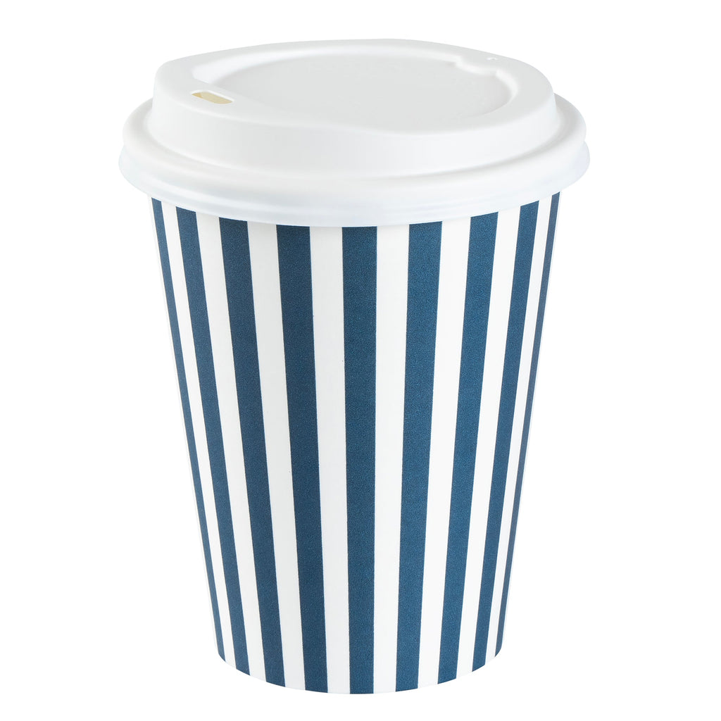 Restpresso 12 oz Blue and White Stripe Paper Single Wall Coffee Cup - with White Lid - 3 1/2"x 3 1/2"x 4 3/4" - 20 count box