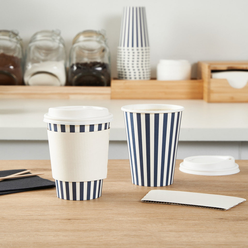 Restpresso 12 oz Blue and White Stripe Paper Single Wall Coffee Cup - with White Lid - 3 1/2"x 3 1/2"x 4 3/4" - 20 count box