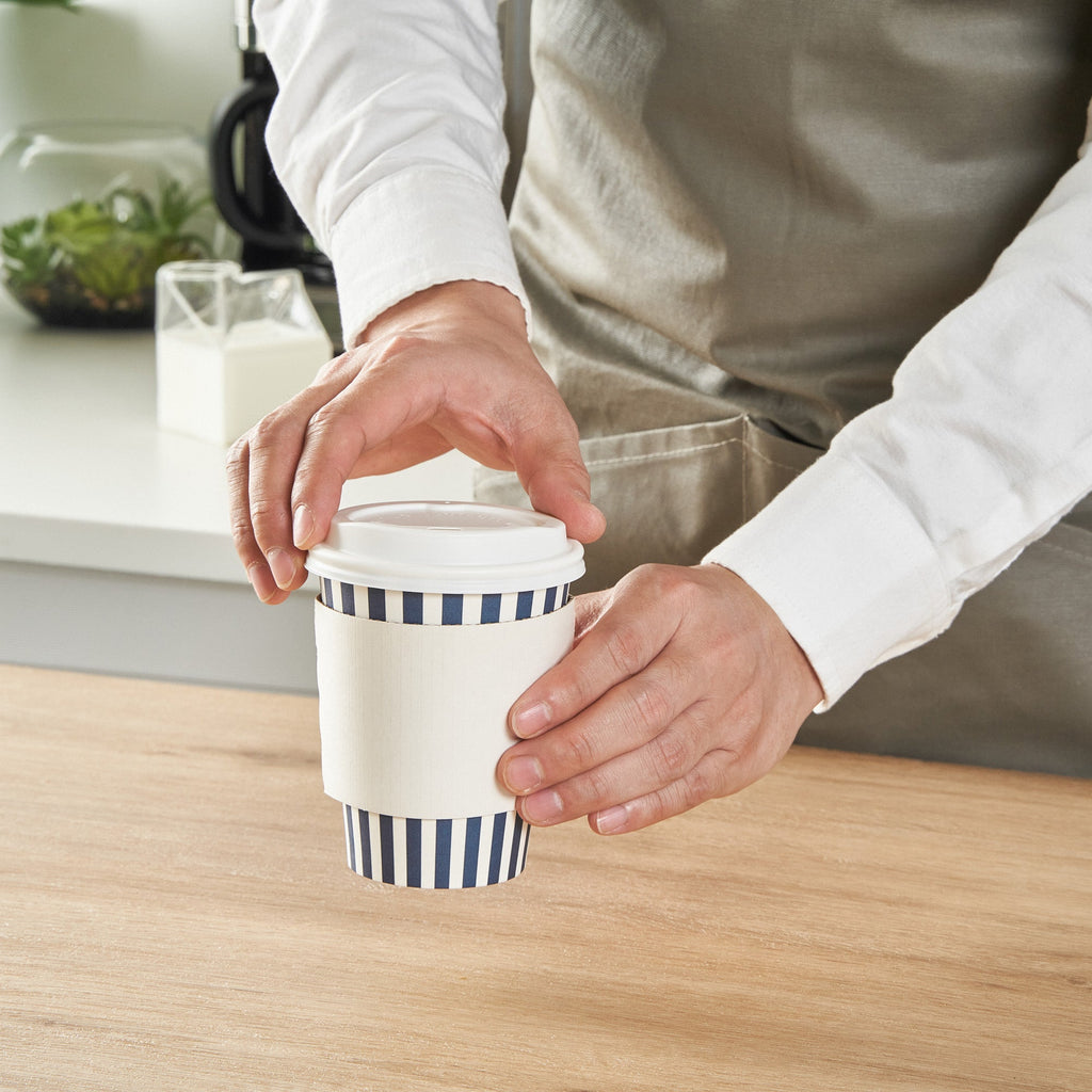 Restpresso 12 oz Blue and White Stripe Paper Single Wall Coffee Cup - with White Lid - 3 1/2"x 3 1/2"x 4 3/4" - 20 count box