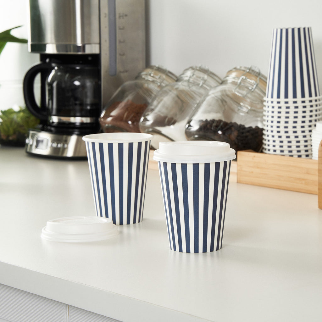 Restpresso 12 oz Blue and White Stripe Paper Single Wall Coffee Cup - with White Lid - 3 1/2"x 3 1/2"x 4 3/4" - 20 count box