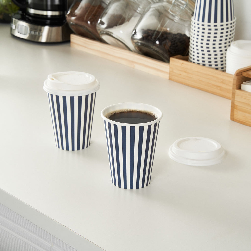 Restpresso 12 oz Blue and White Stripe Paper Single Wall Coffee Cup - with White Lid - 3 1/2"x 3 1/2"x 4 3/4" - 400 count box