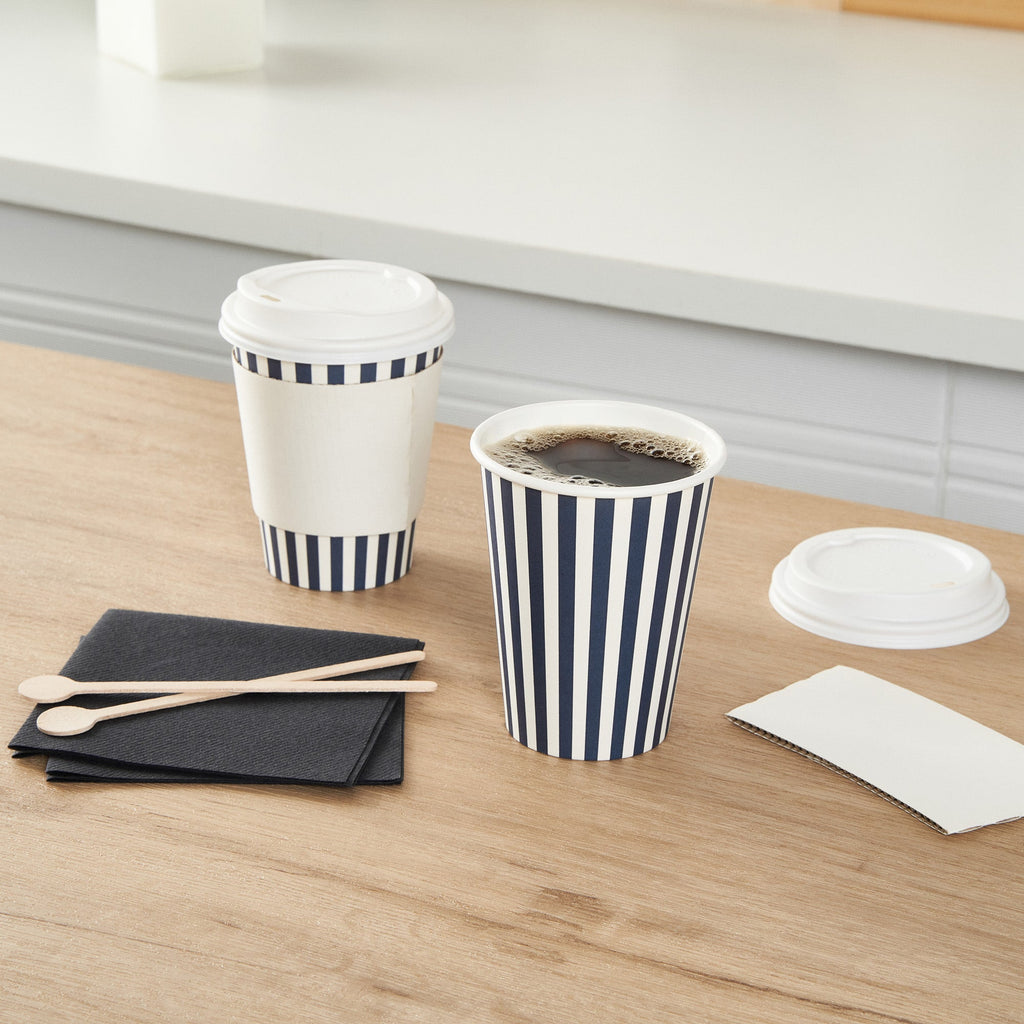 Restpresso 12 oz Blue and White Stripe Paper Single Wall Coffee Cup - with White Lid - 3 1/2"x 3 1/2"x 4 3/4" - 400 count box