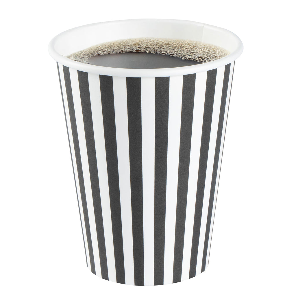 Restpresso 12 oz Black and White Stripe Paper Single Wall Coffee Cup - with White Lid - 3 1/2"x 3 1/2"x 4 3/4" - 20 count box
