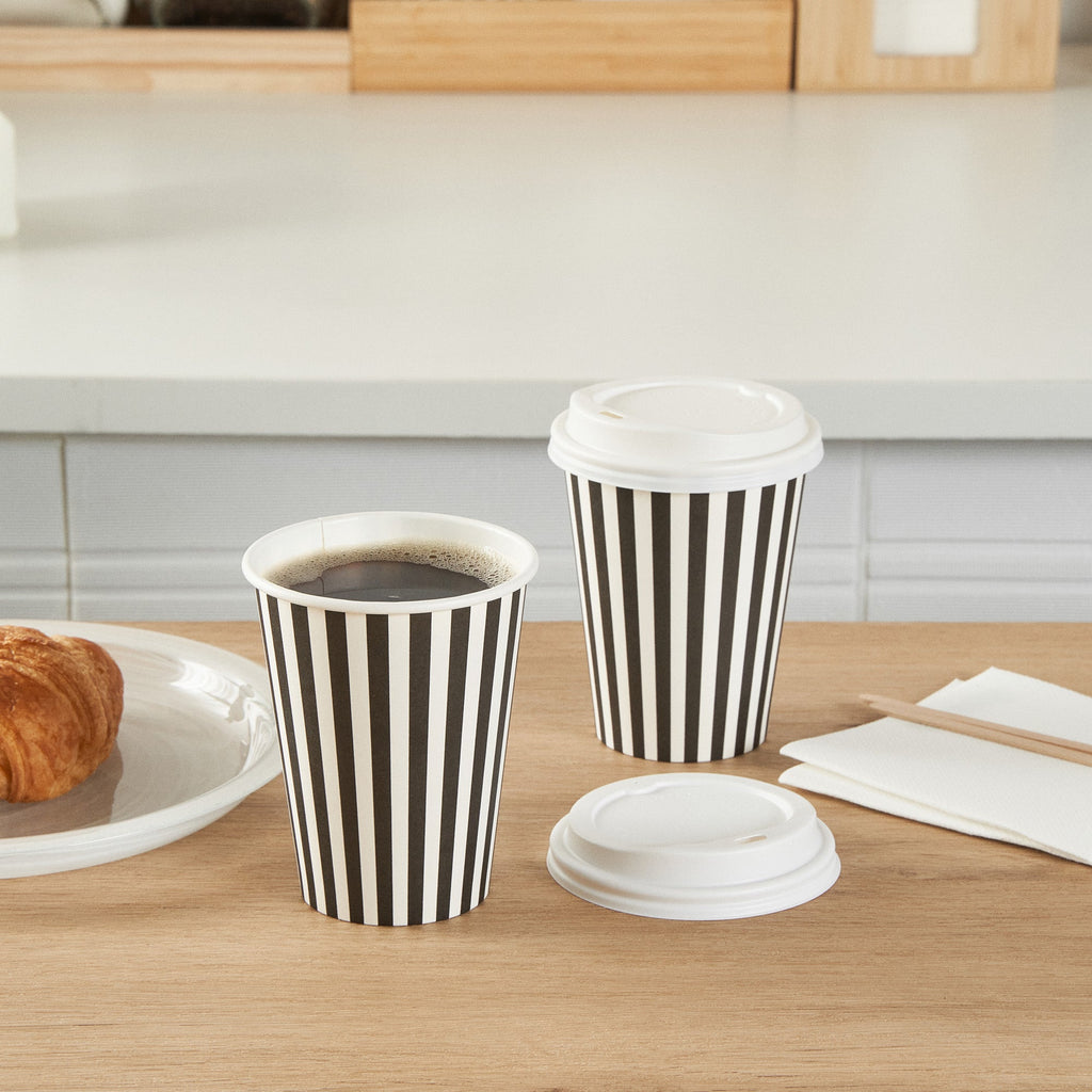 Restpresso 12 oz Black and White Stripe Paper Single Wall Coffee Cup - with White Lid - 3 1/2"x 3 1/2"x 4 3/4" - 20 count box