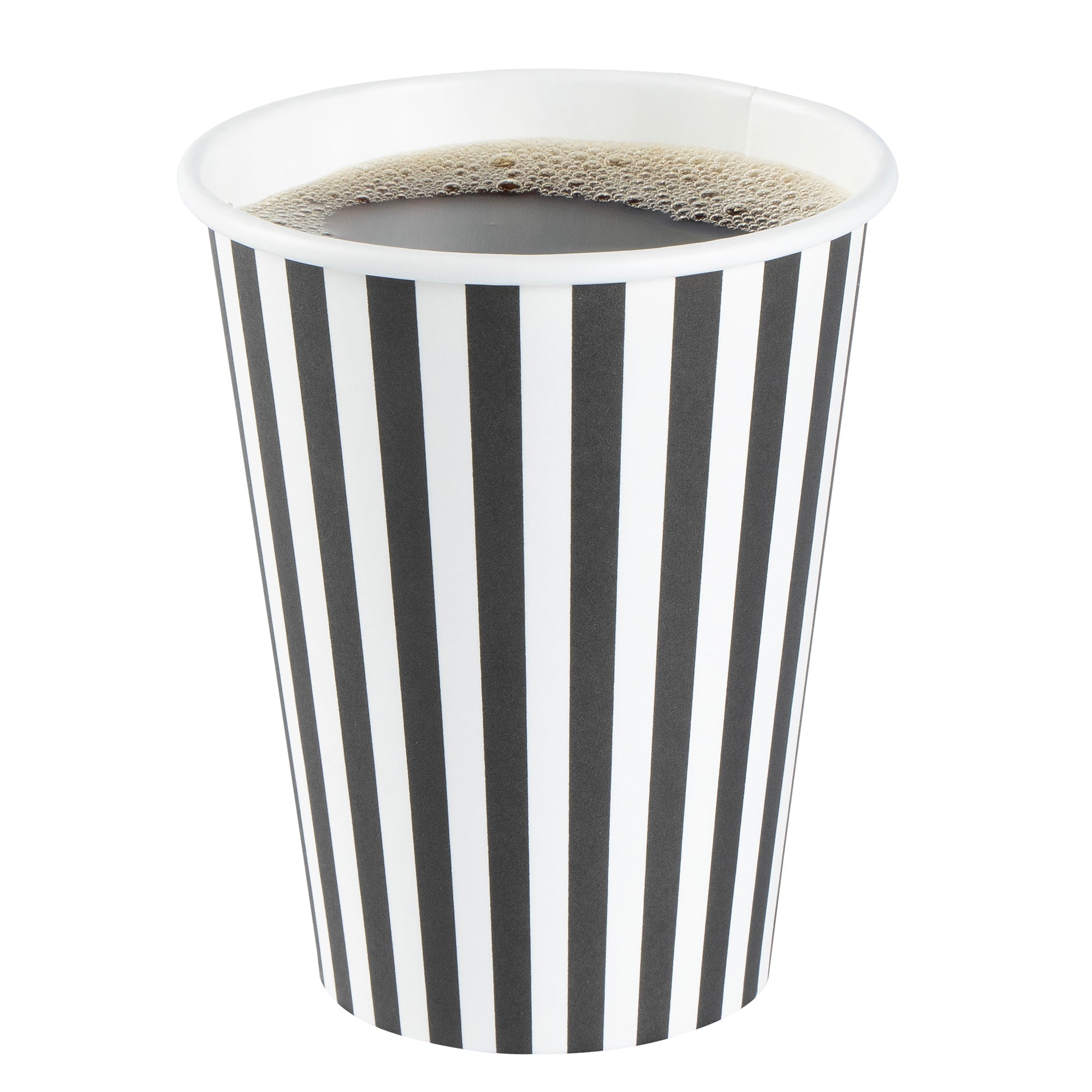 Restpresso 12 oz Black and White Stripe Paper Single Wall Coffee Cup - with White Lid - 3 1/2"x 3 1/2"x 4 3/4" - 400 count box