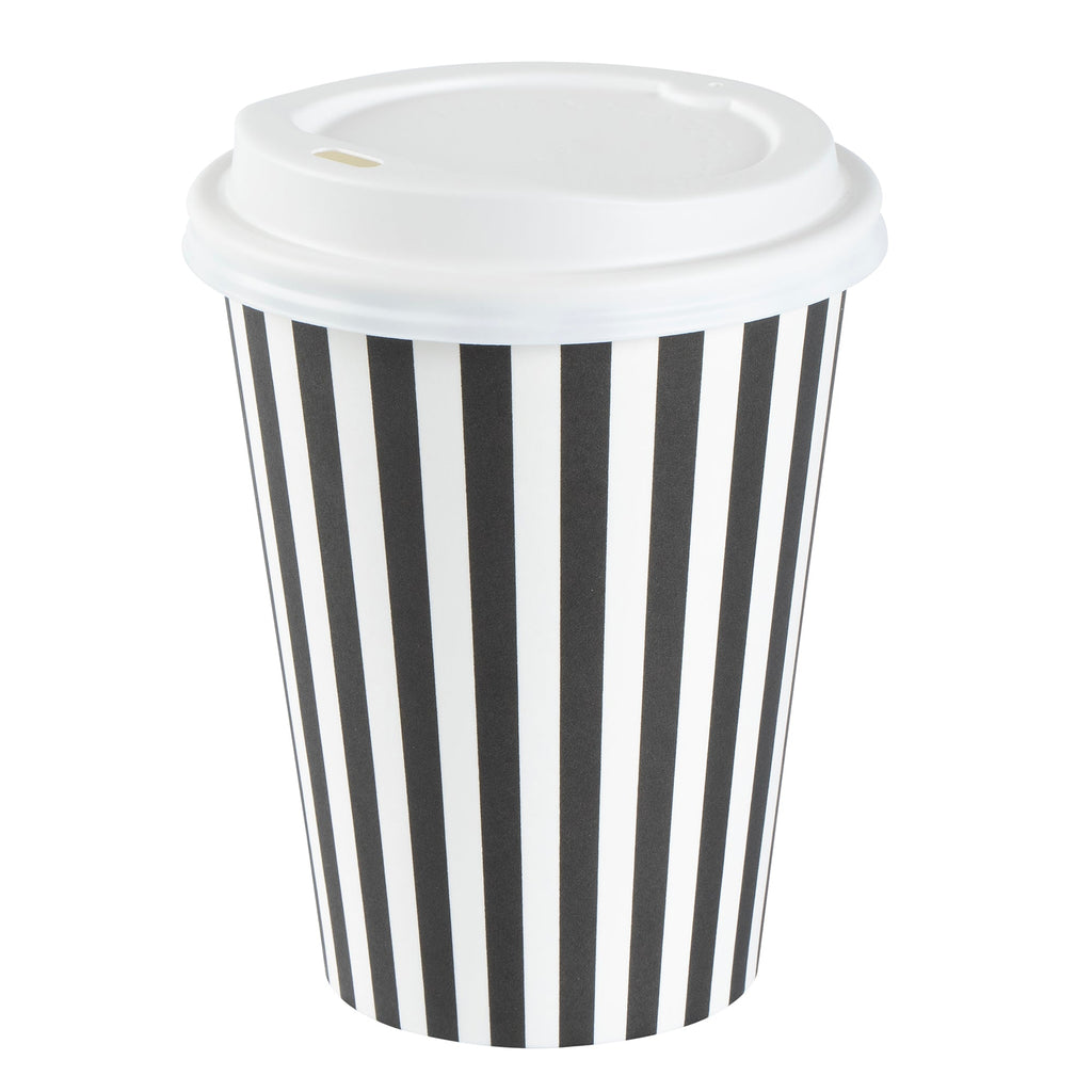 Restpresso 12 oz Black and White Stripe Paper Single Wall Coffee Cup - with White Lid - 3 1/2"x 3 1/2"x 4 3/4" - 400 count box