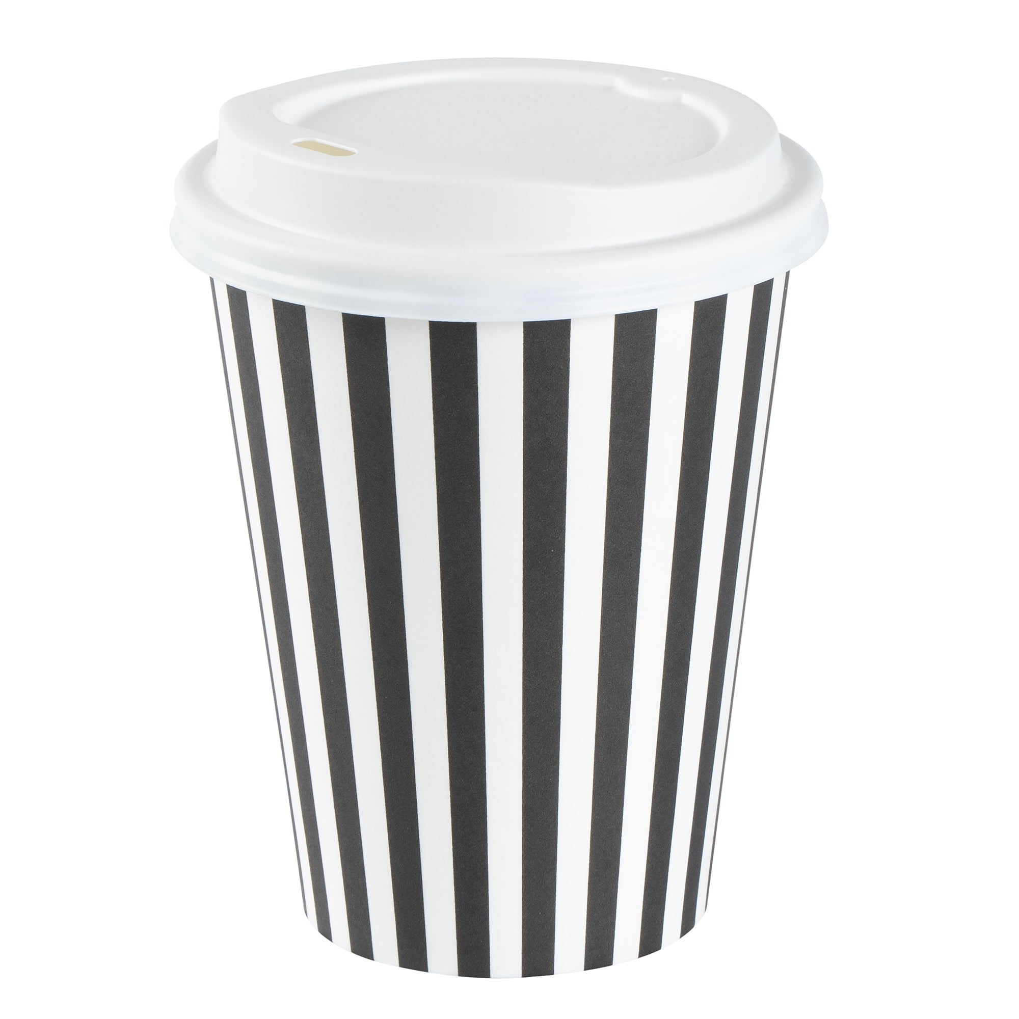 Restpresso 12 oz Black and White Stripe Paper Single Wall Coffee Cup - with White Lid - 3 1/2"x 3 1/2"x 4 3/4" - 400 count box