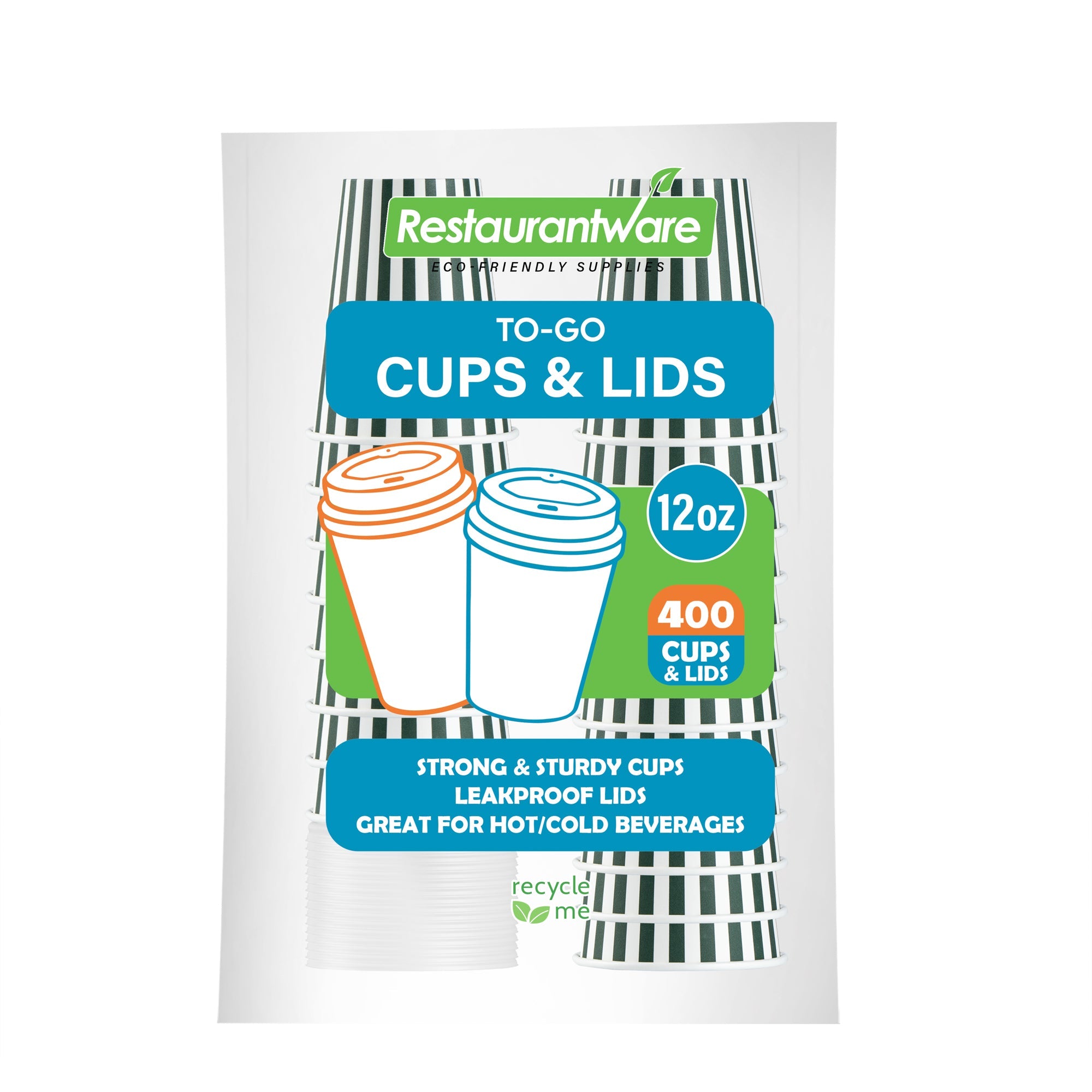 Restpresso 12 oz Forest Green and White Stripe Paper Single Wall Coffee Cup - with White Lid - 3 1/2"x 3 1/2"x 4 3/4" - 20 count box