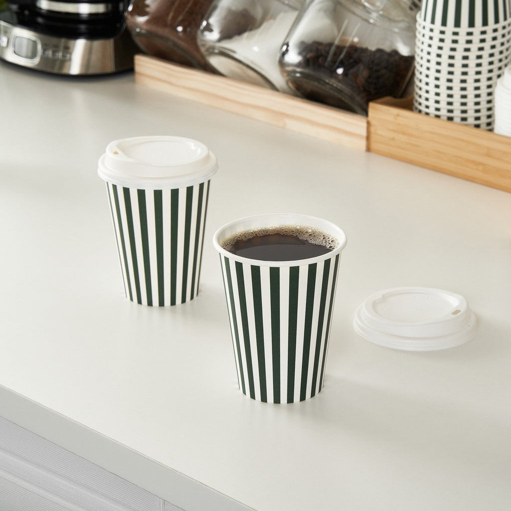 Restpresso 12 oz Forest Green and White Stripe Paper Single Wall Coffee Cup - with White Lid - 3 1/2"x 3 1/2"x 4 3/4" - 20 count box
