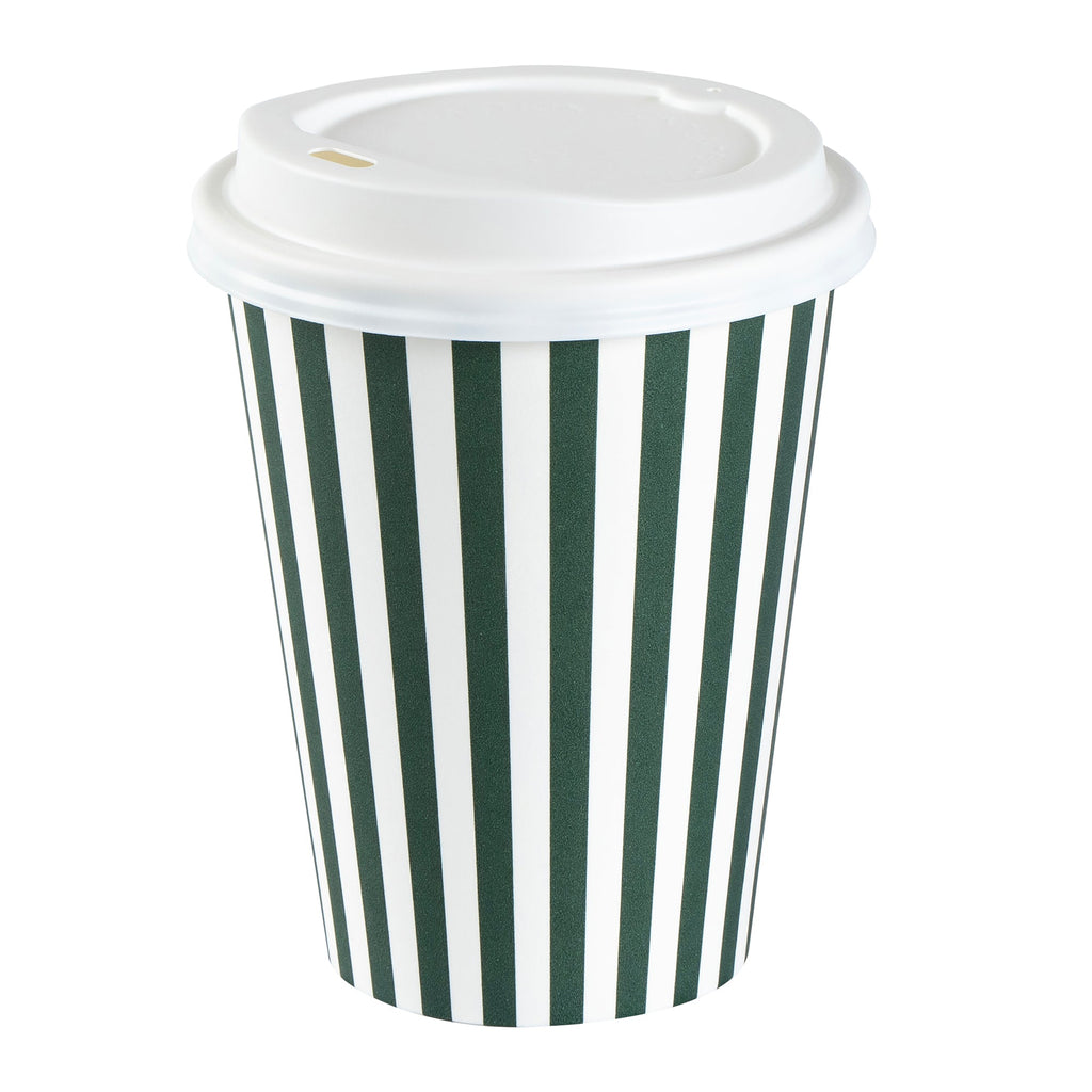Restpresso 12 oz Forest Green and White Stripe Paper Single Wall Coffee Cup - with White Lid - 3 1/2"x 3 1/2"x 4 3/4" - 20 count box