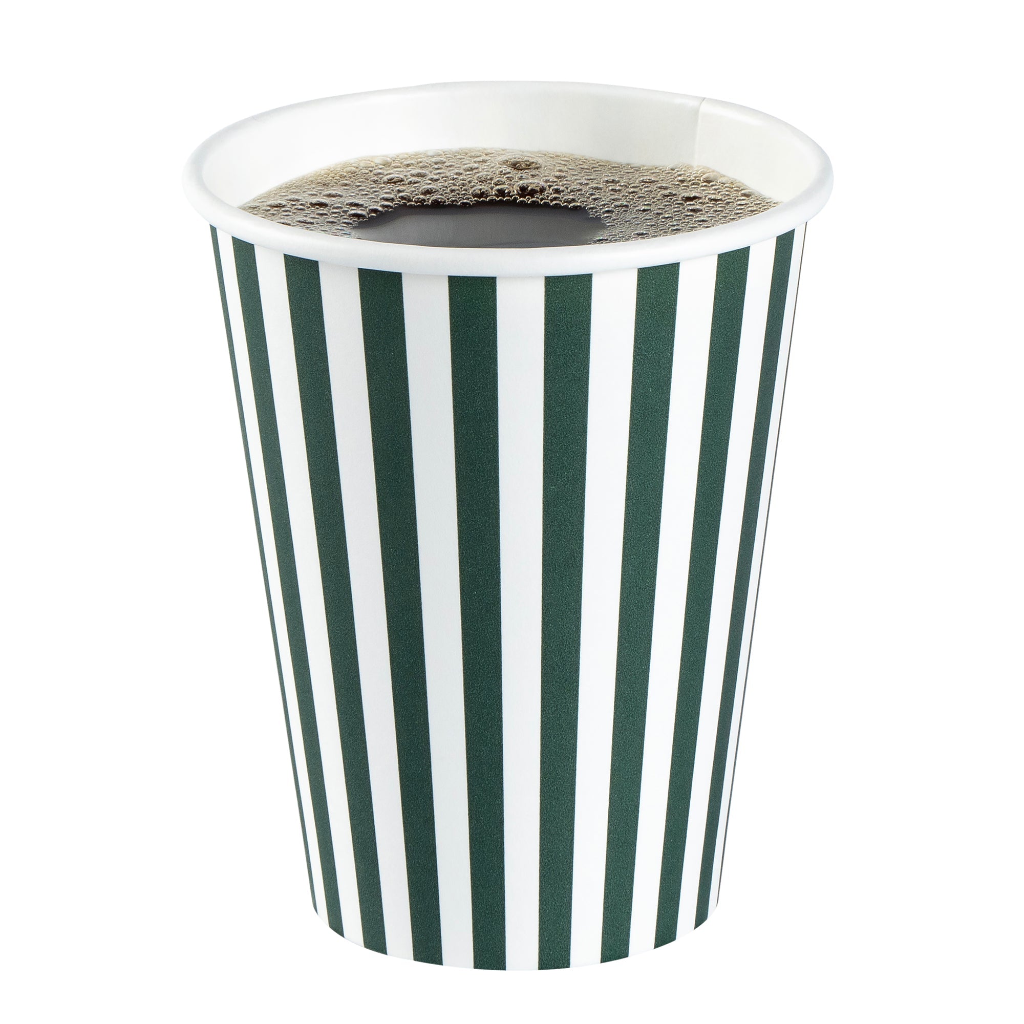 Restpresso 12 oz Forest Green and White Stripe Paper Single Wall Coffee Cup - with White Lid - 3 1/2"x 3 1/2"x 4 3/4" - 400 count box