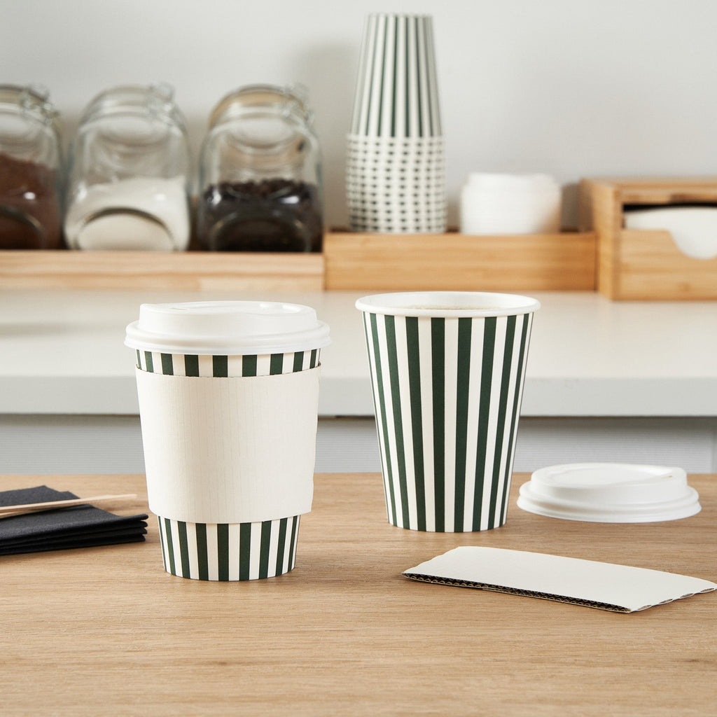 Restpresso 12 oz Forest Green and White Stripe Paper Single Wall Coffee Cup - with White Lid - 3 1/2"x 3 1/2"x 4 3/4" - 400 count box