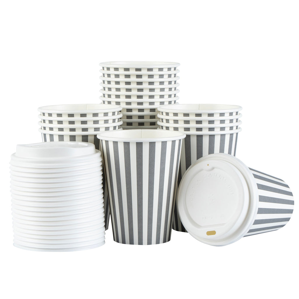 Restpresso 12 oz Gray and White Stripe Paper Single Wall Coffee Cup - with White Lid - 3 1/2"x 3 1/2"x 4 3/4" - 20 count box