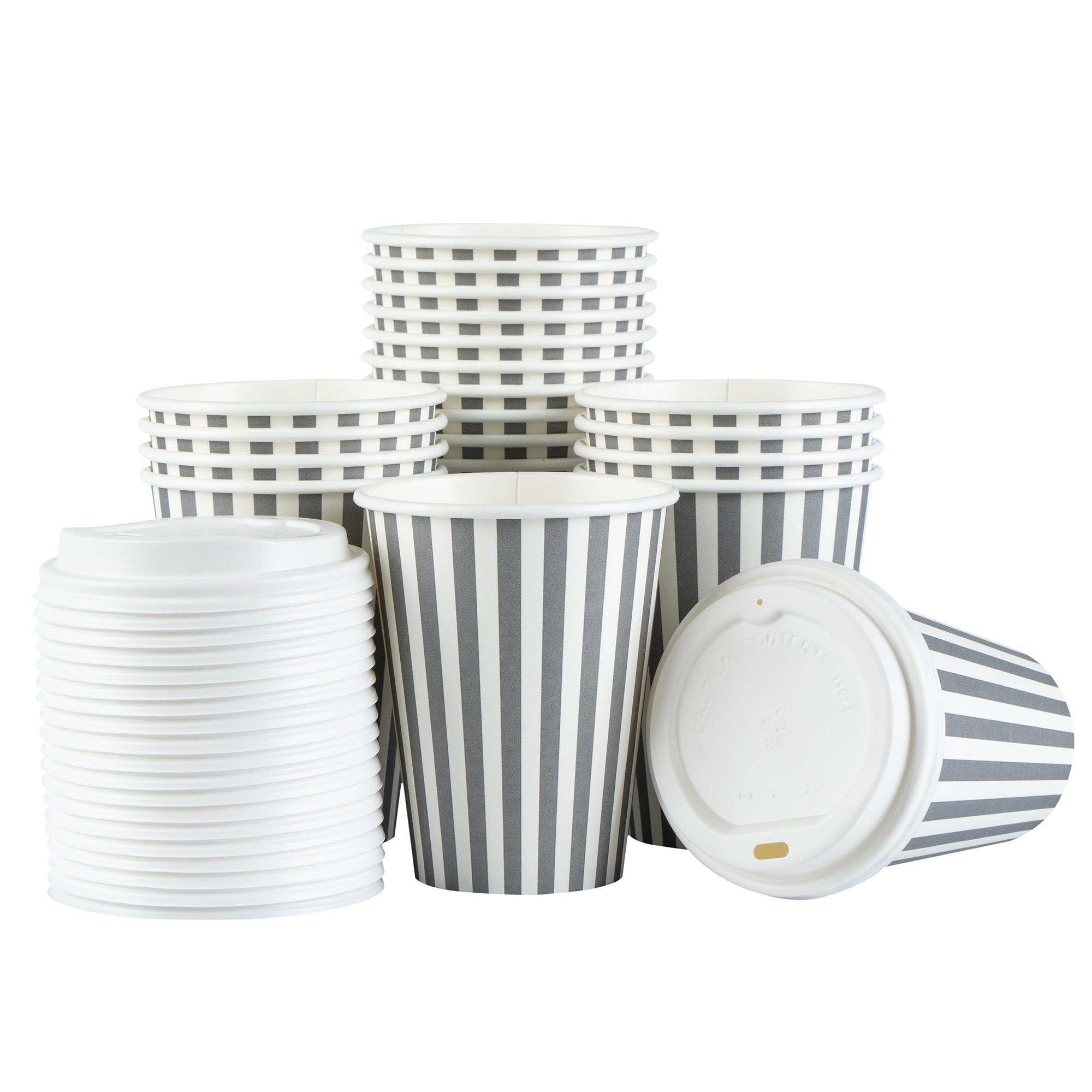 Restpresso 12 oz Gray and White Stripe Paper Single Wall Coffee Cup - with White Lid - 3 1/2"x 3 1/2"x 4 3/4" - 20 count box