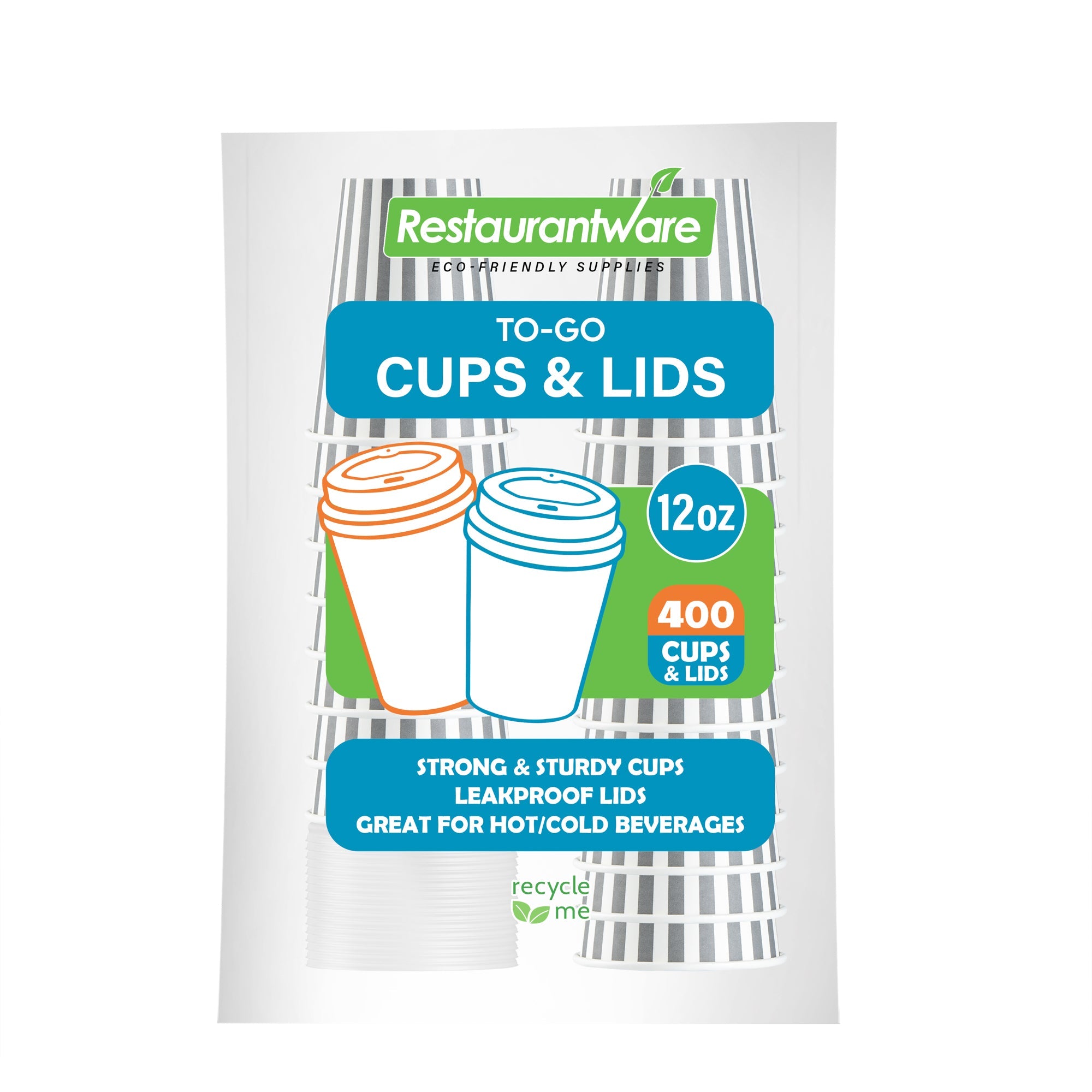 Restpresso 12 oz Gray and White Stripe Paper Single Wall Coffee Cup - with White Lid - 3 1/2"x 3 1/2"x 4 3/4" - 20 count box