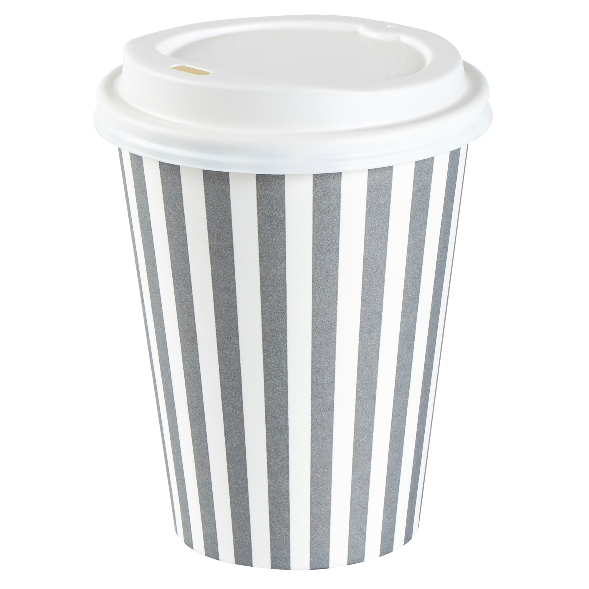 Restpresso 12 oz Gray and White Stripe Paper Single Wall Coffee Cup - with White Lid - 3 1/2"x 3 1/2"x 4 3/4" - 20 count box