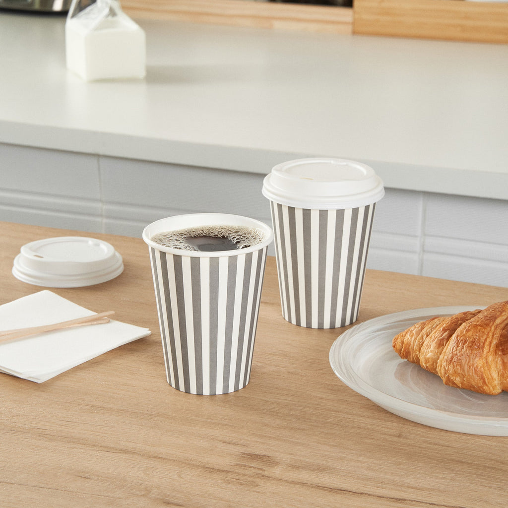 Restpresso 12 oz Gray and White Stripe Paper Single Wall Coffee Cup - with White Lid - 3 1/2"x 3 1/2"x 4 3/4" - 20 count box