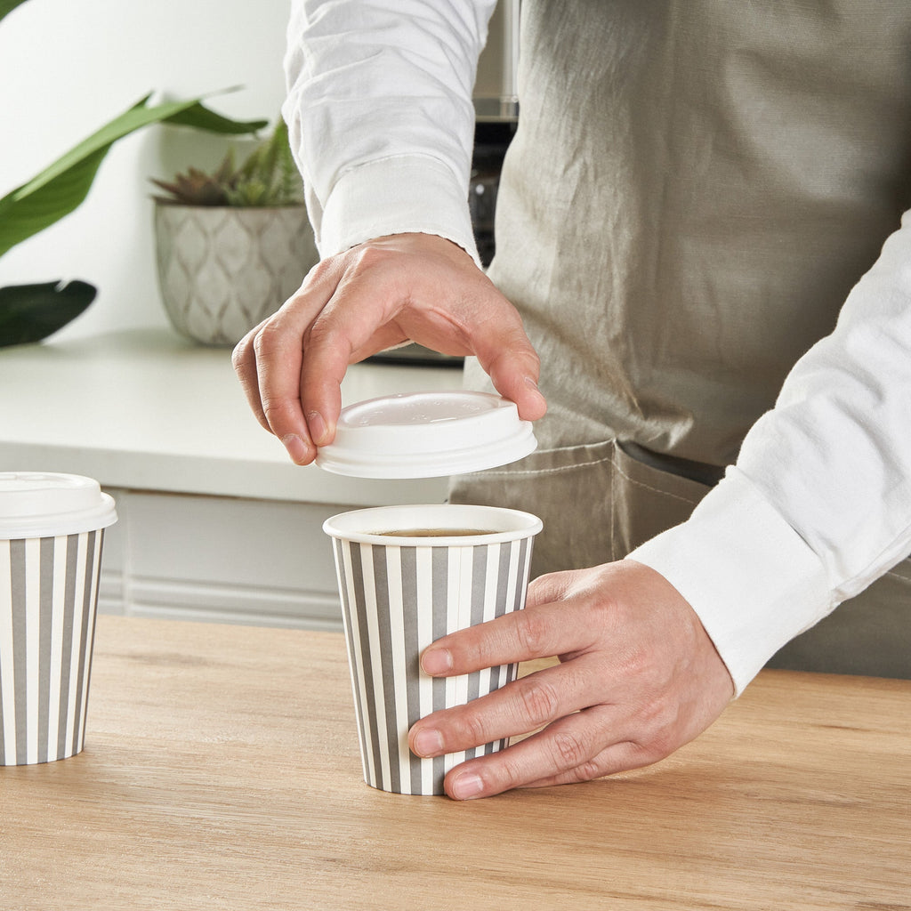 Restpresso 12 oz Gray and White Stripe Paper Single Wall Coffee Cup - with White Lid - 3 1/2"x 3 1/2"x 4 3/4" - 400 count box