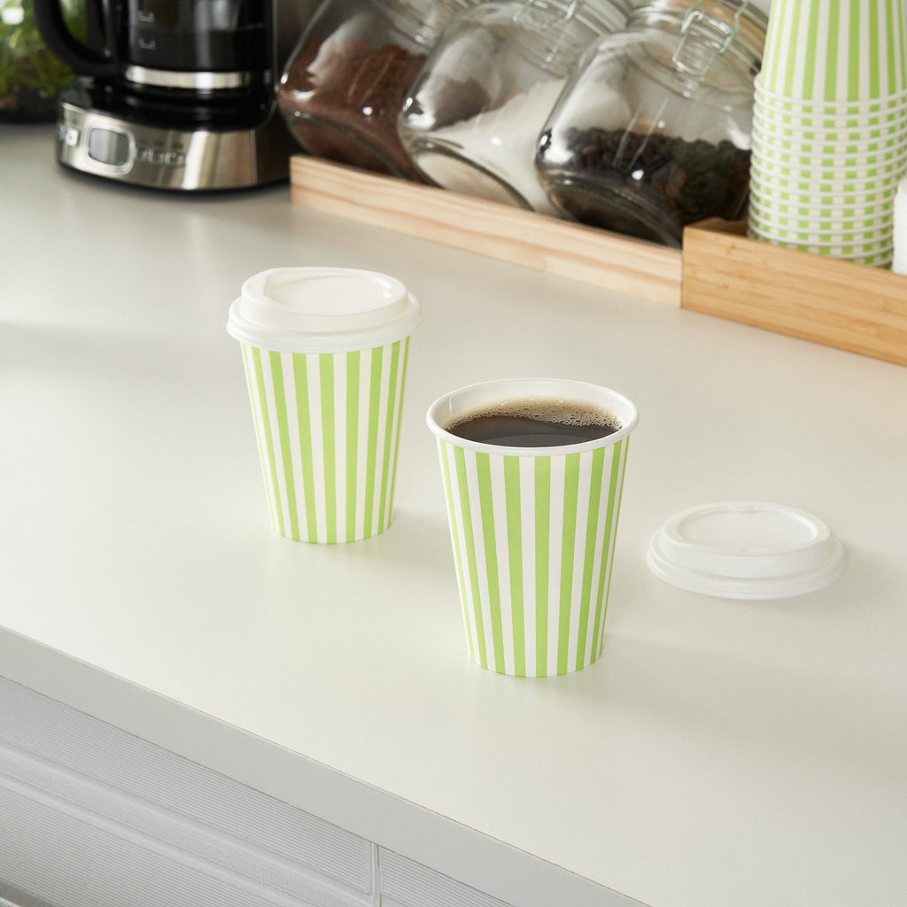 Restpresso 12 oz Green and White Stripe Paper Single Wall Coffee Cup - with White Lid - 3 1/2"x 3 1/2"x 4 3/4" - 20 count box
