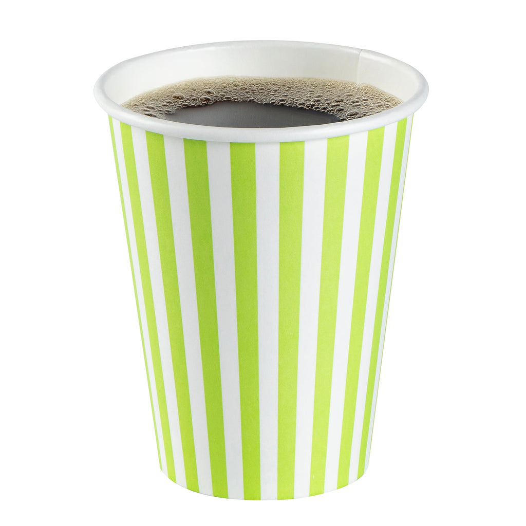 Restpresso 12 oz Green and White Stripe Paper Single Wall Coffee Cup - with White Lid - 3 1/2"x 3 1/2"x 4 3/4" - 400 count box