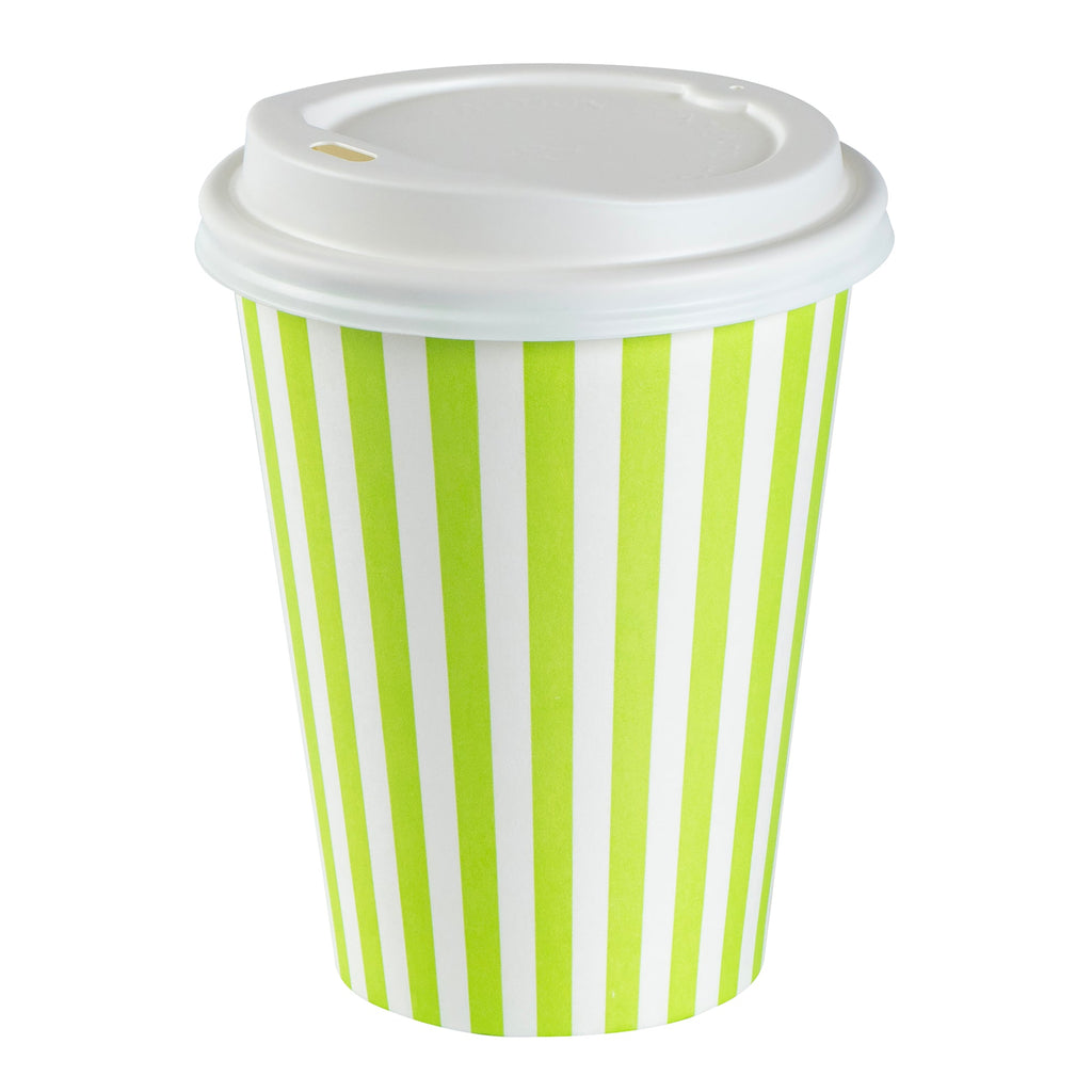 Restpresso 12 oz Green and White Stripe Paper Single Wall Coffee Cup - with White Lid - 3 1/2"x 3 1/2"x 4 3/4" - 400 count box