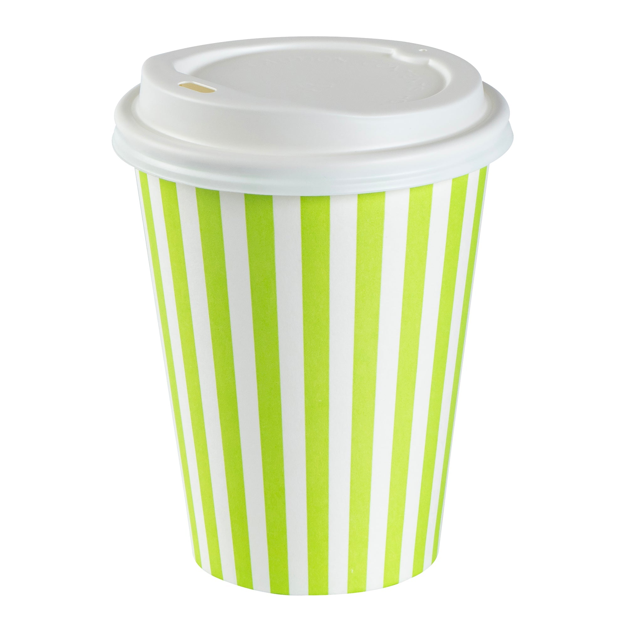 Restpresso 12 oz Green and White Stripe Paper Single Wall Coffee Cup - with White Lid - 3 1/2"x 3 1/2"x 4 3/4" - 400 count box
