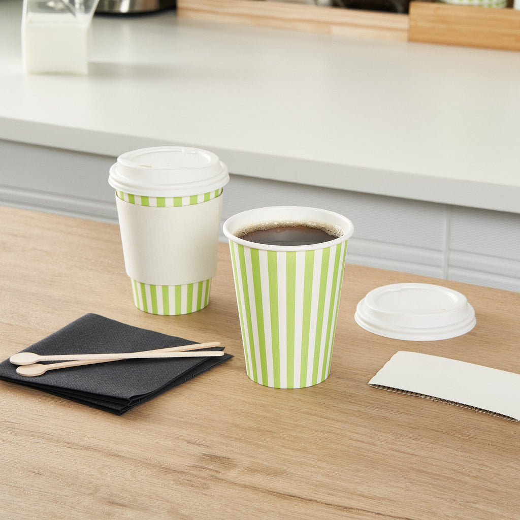 Restpresso 12 oz Green and White Stripe Paper Single Wall Coffee Cup - with White Lid - 3 1/2"x 3 1/2"x 4 3/4" - 400 count box