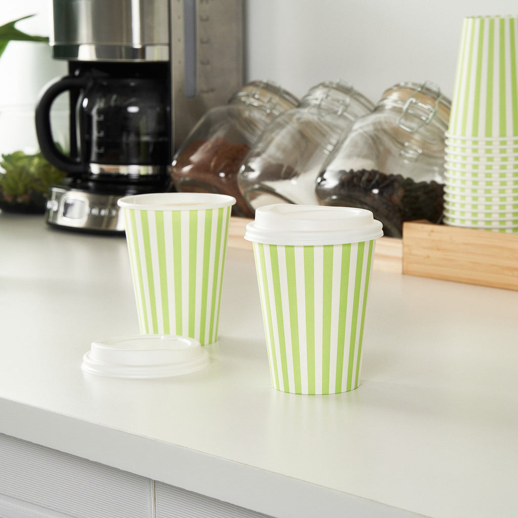 Restpresso 12 oz Green and White Stripe Paper Single Wall Coffee Cup - with White Lid - 3 1/2"x 3 1/2"x 4 3/4" - 400 count box