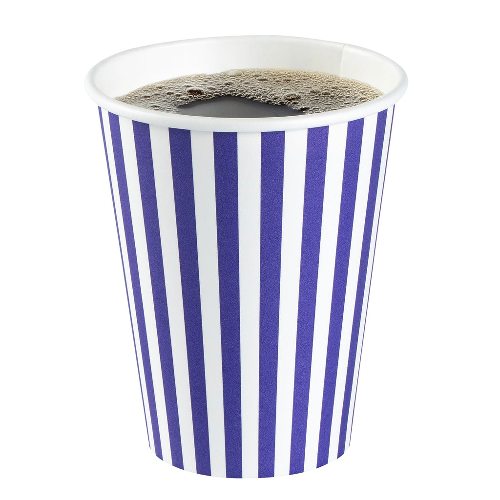 Restpresso 12 oz Purple and White Stripe Paper Single Wall Coffee Cup - with White Lid - 3 1/2"x 3 1/2"x 4 3/4" - 20 count box