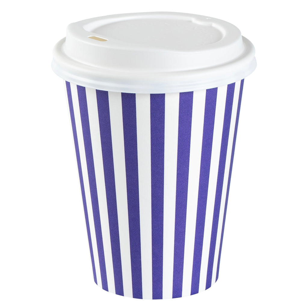 Restpresso 12 oz Purple and White Stripe Paper Single Wall Coffee Cup - with White Lid - 3 1/2"x 3 1/2"x 4 3/4" - 20 count box