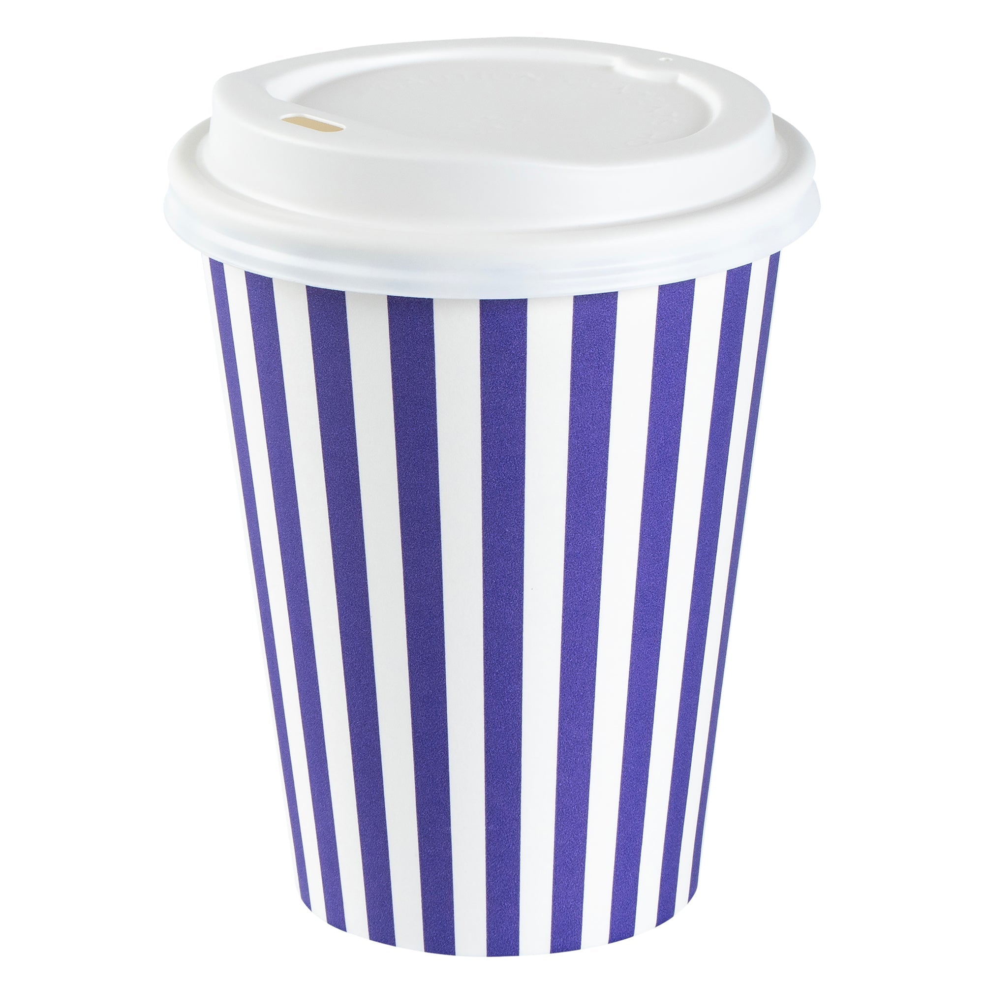 Restpresso 12 oz Purple and White Stripe Paper Single Wall Coffee Cup - with White Lid - 3 1/2"x 3 1/2"x 4 3/4" - 20 count box