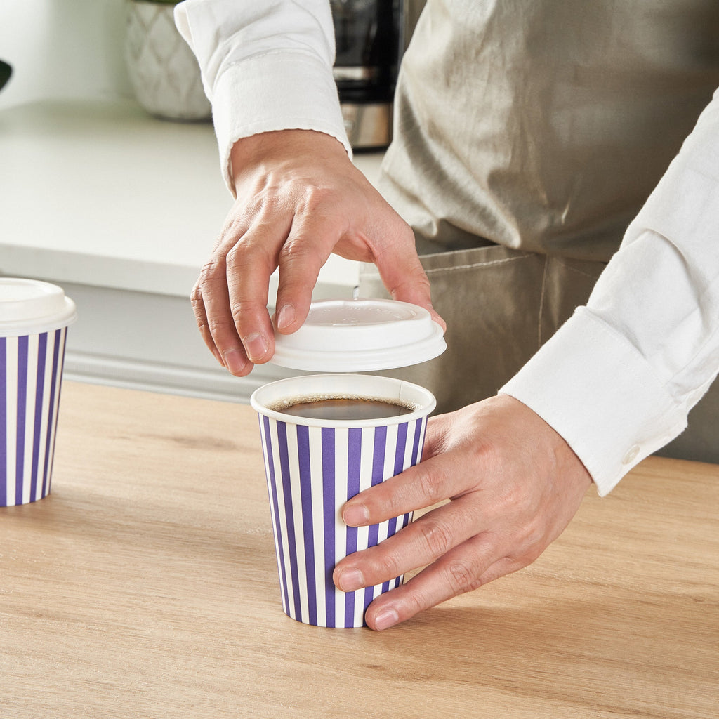 Restpresso 12 oz Purple and White Stripe Paper Single Wall Coffee Cup - with White Lid - 3 1/2"x 3 1/2"x 4 3/4" - 20 count box