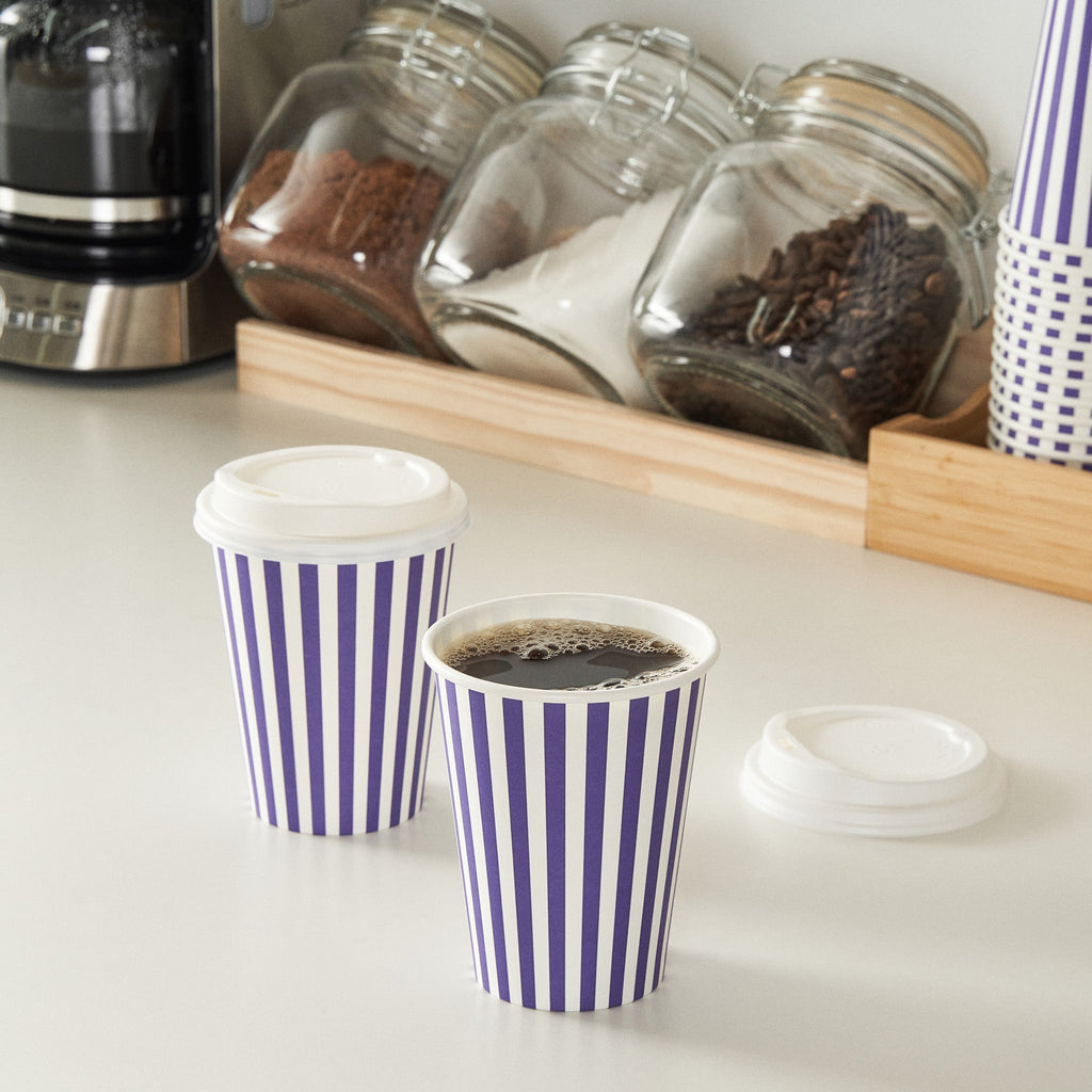 Restpresso 12 oz Purple and White Stripe Paper Single Wall Coffee Cup - with White Lid - 3 1/2"x 3 1/2"x 4 3/4" - 400 count box