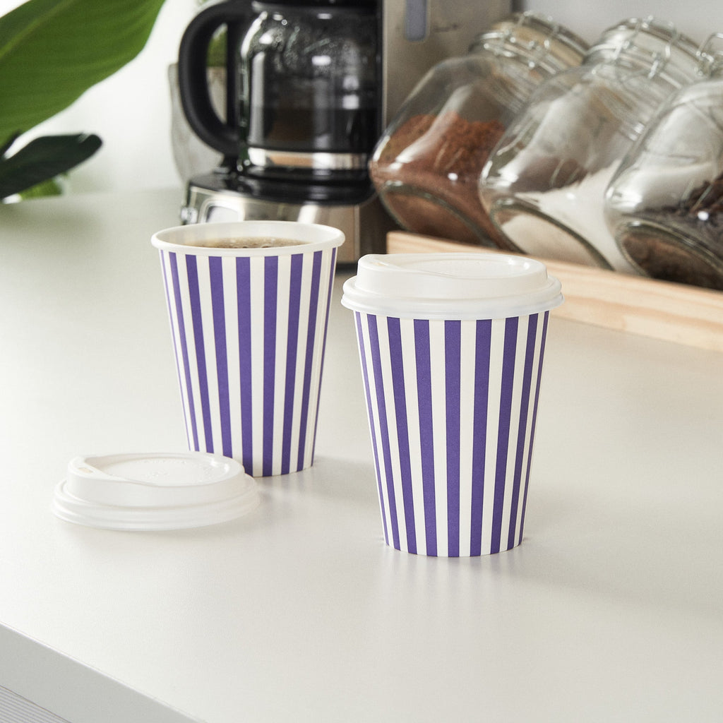 Restpresso 12 oz Purple and White Stripe Paper Single Wall Coffee Cup - with White Lid - 3 1/2"x 3 1/2"x 4 3/4" - 400 count box