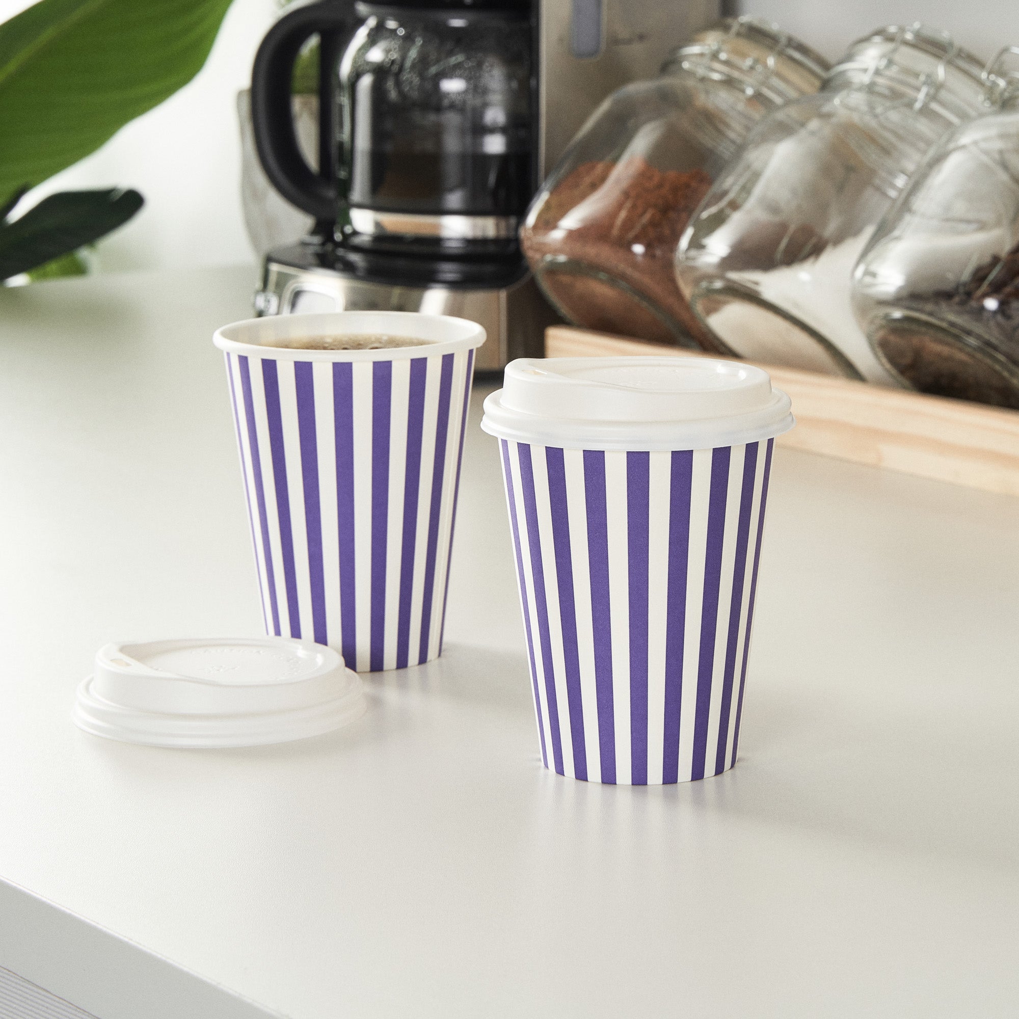 Restpresso 12 oz Purple and White Stripe Paper Single Wall Coffee Cup - with White Lid - 3 1/2"x 3 1/2"x 4 3/4" - 400 count box
