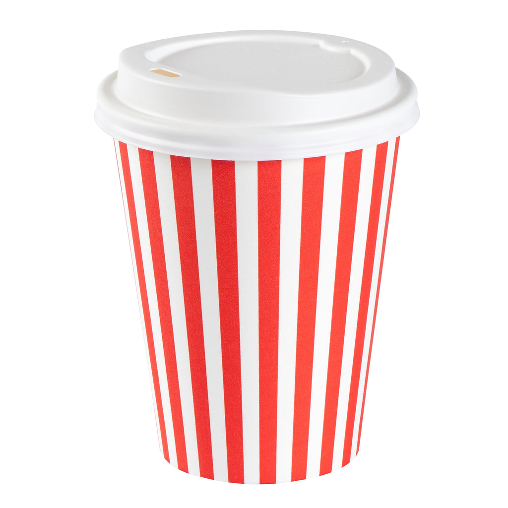 Restpresso 12 oz Red and White Stripe Paper Single Wall Coffee Cup - with White Lid - 3 1/2"x 3 1/2"x 4 3/4" - 20 count box