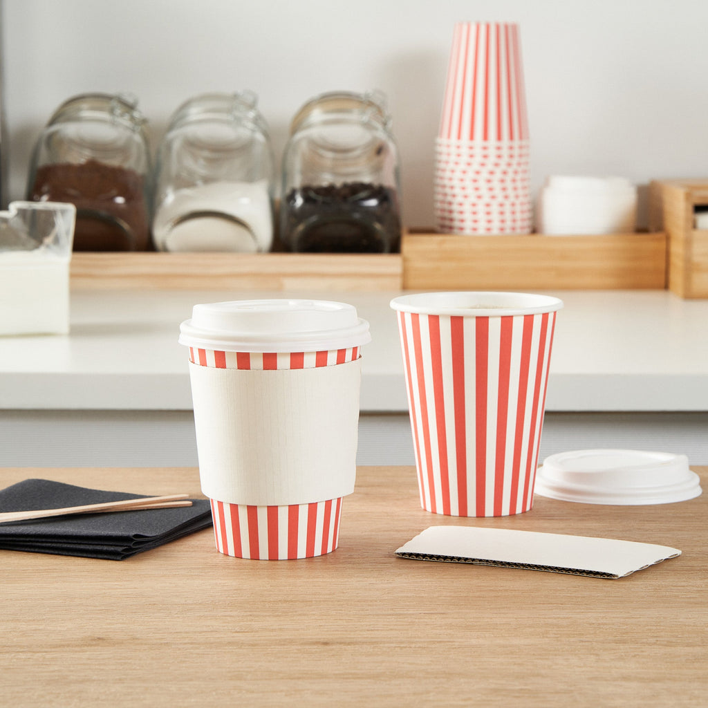 Restpresso 12 oz Red and White Stripe Paper Single Wall Coffee Cup - with White Lid - 3 1/2"x 3 1/2"x 4 3/4" - 20 count box